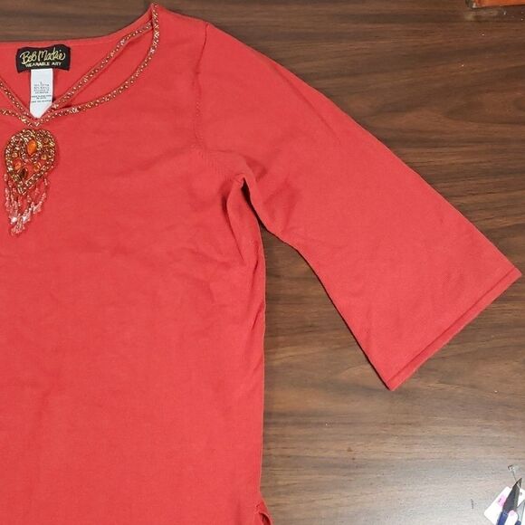Bob Mackie Wearable Art Cut Out Neckline Necklace Look Beaded Rust Sweater Large - Picture 3 of 9